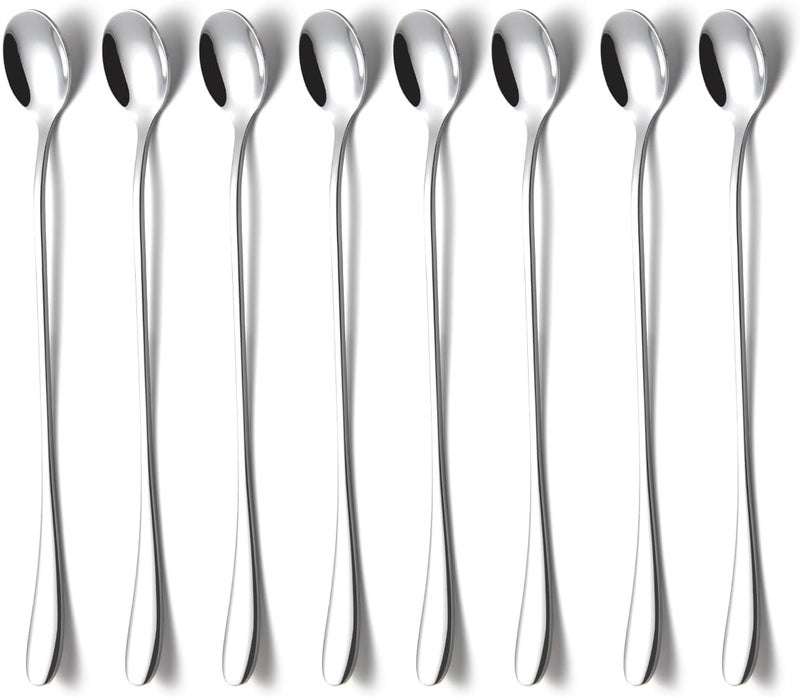 KITWARE 8 PCS Long-handled ice tea spoon, cocktail stir spoons, stainless steel coffee spoons, 7.7-inch ice cream scoop Set of 8, Silver - Image 1